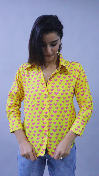Yellow Button-Down Shirt with Pink Heart Print