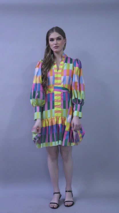 Multicolor Striped Puff Sleeve Belted Dress